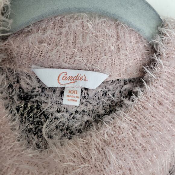 Candie's Pink Leopard Print Fuzzy Pullover Crewneck Sweater Women Sz XXL - Picture 7 of 8